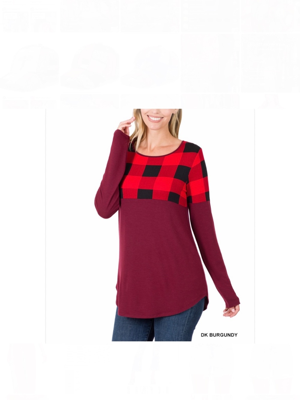Zenana Outfitters Burgundy Long-Sleeve Top with Red & Black Buffalo Plaid Yoke